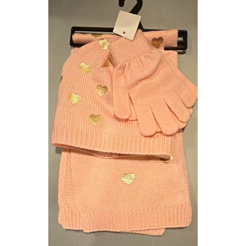 Girls Pink & Gold Knit 3-Piece Accessory Set Hat Scarf Gloves NWT